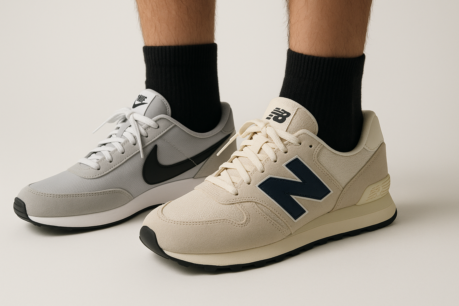 one mens nike and one new balance shoes. with the models feet only in the shot